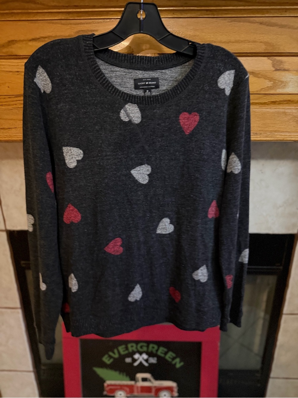 Lucky Brand Dark Gray Heart Print Crewneck Sweater - Pink & Light Gray Hearts